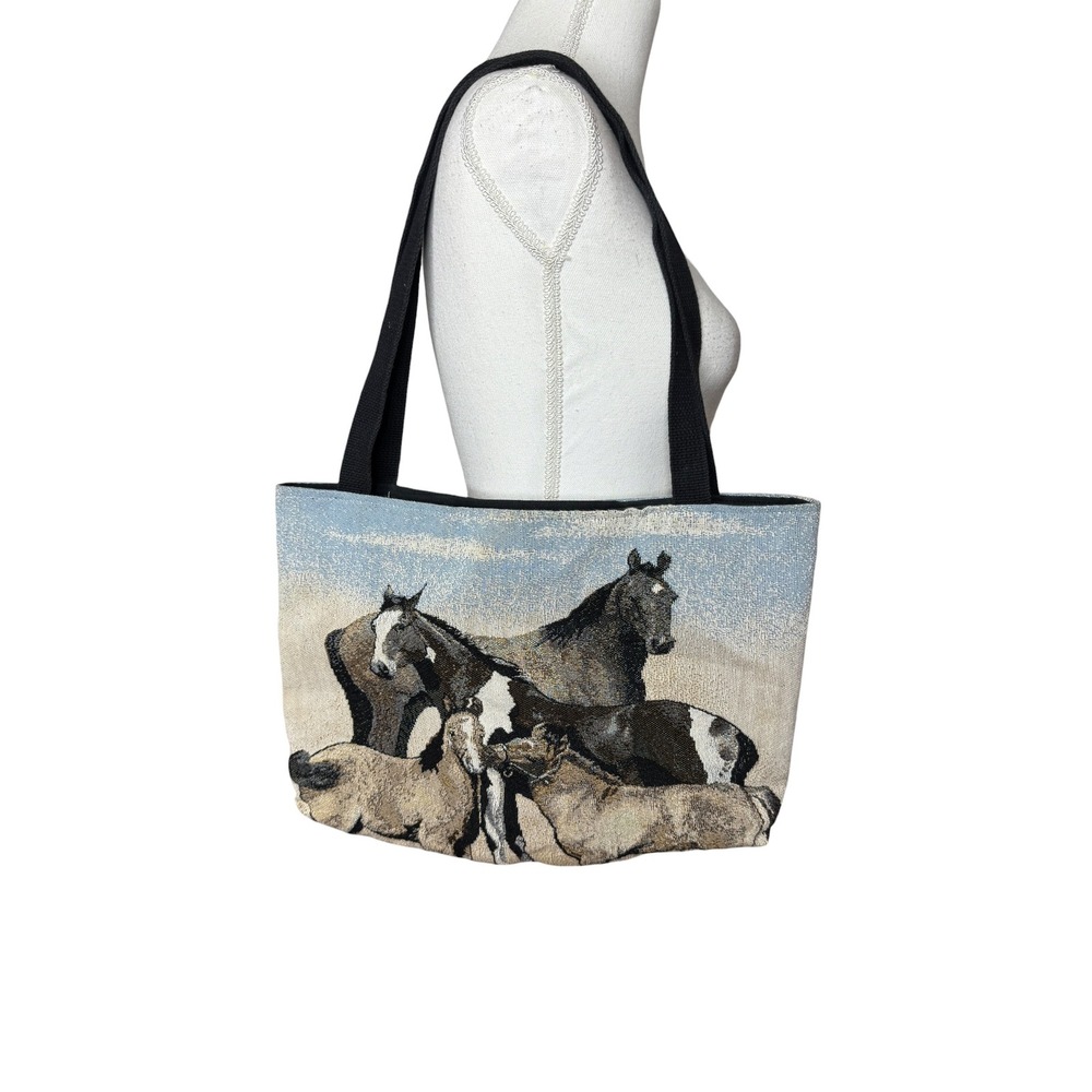 Vintage Woven Tapestry Horse Tote Bag Western Equestrian Shoulder Bag Blue Tan